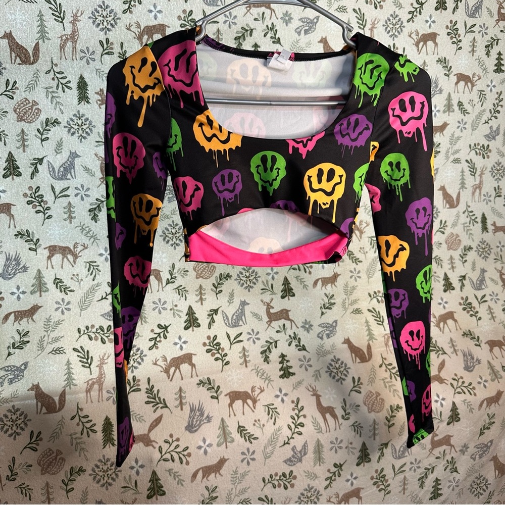 iHeartRaves Drippy Smiley Face Long Sleeve Crop Top